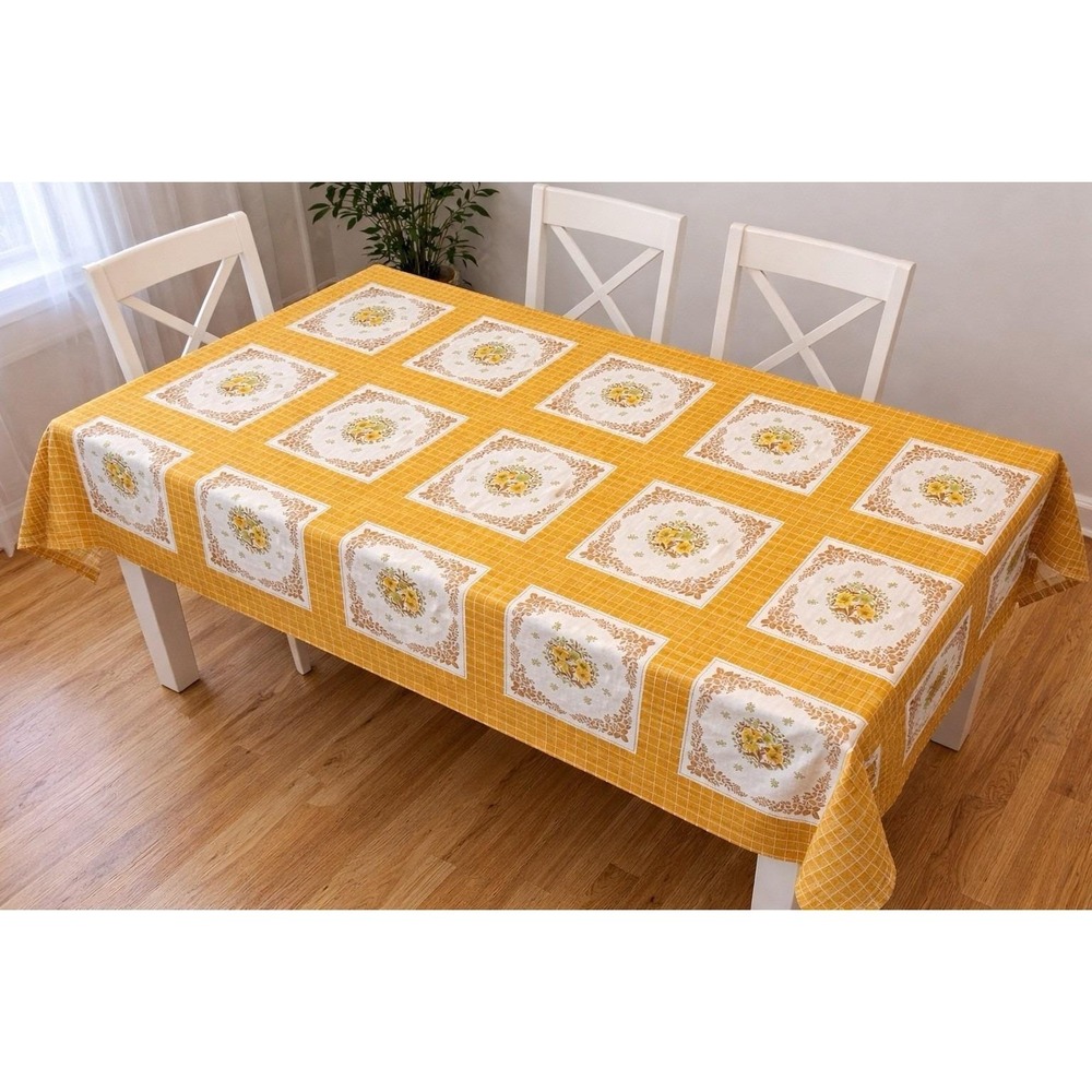 Rectangle MCM Vintage 1960s Linen Tablecloth Mustard & Avocado Floral  83x48